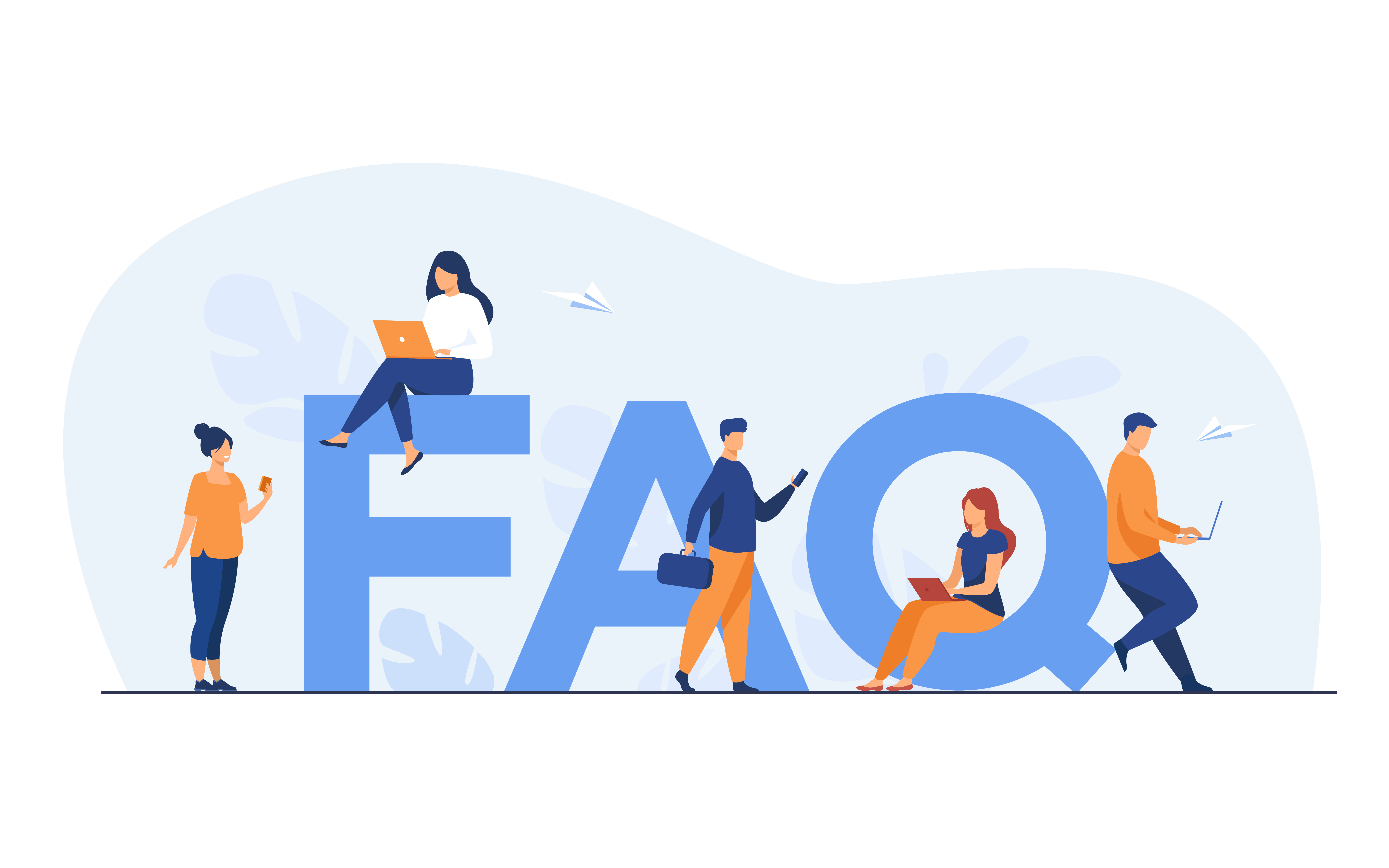 FAQ illustration with question mark icons and speech bubbles